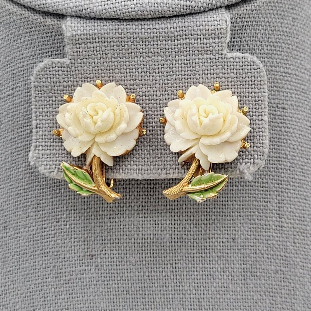 White Celluloid Molded Rose Flower Clip On Earrings Stem Leaf Gold Tone Vintage